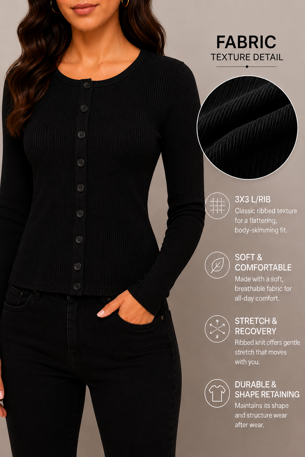 Womens Button Up Ribbed Long Sleeve Top