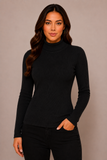 Women's Roll Neck Ribbed Long Sleeve Top