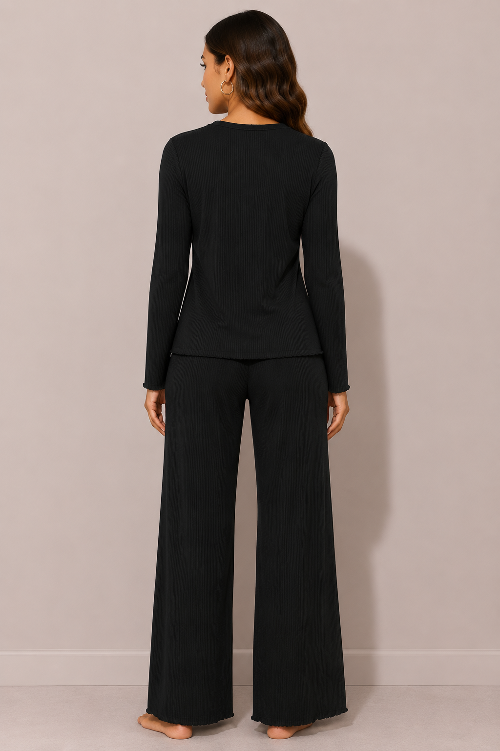 Womens Ribbed Top & Bottoms Raw Edge Pyjama Set