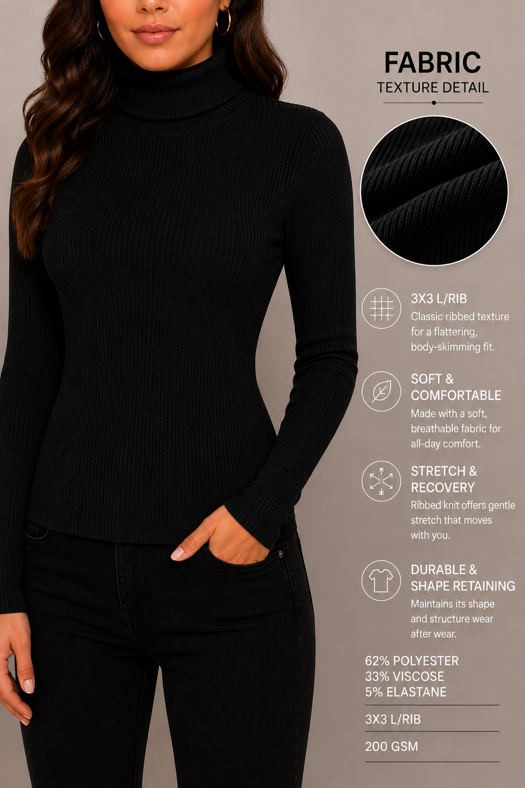 Women's Roll Neck Ribbed Long Sleeve Top