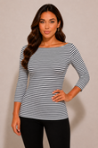 Women's Slash Neck 3/4 Sleeve Jersey Black Pin Stripes Top