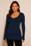 Women's Thumb Hole Scoop Neck Variegated Ribbed Top