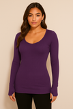 Women's Thumb Hole Scoop Neck Variegated Ribbed Top
