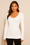Women's Thumb Hole Scoop Neck Variegated Ribbed Top