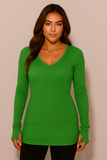 Women's Thumb Hole V Neck Variegated Ribbed Top