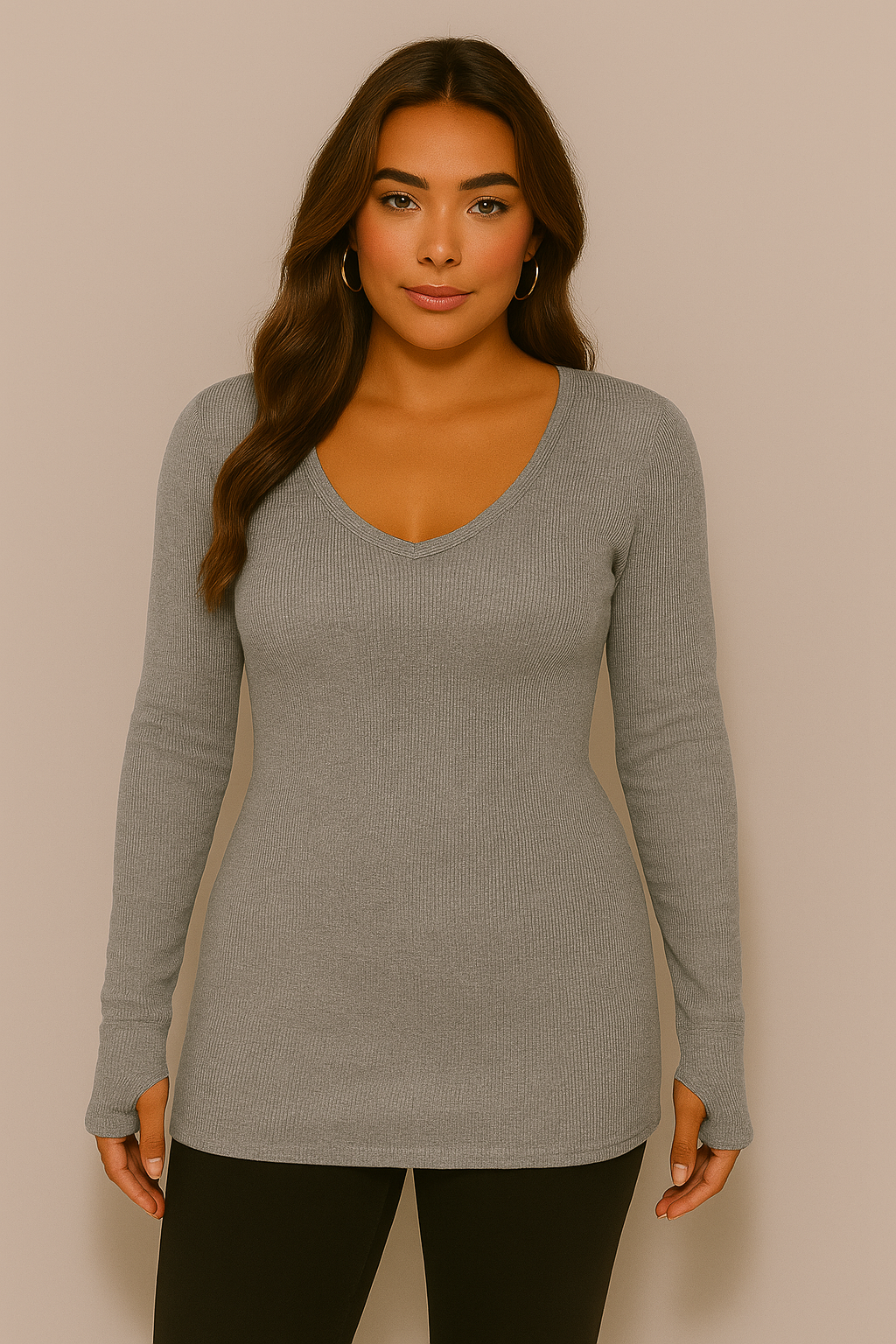 Women's Thumb Hole V Neck Variegated Ribbed Top