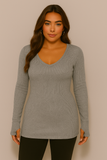 Women's Thumb Hole V Neck Variegated Ribbed Top