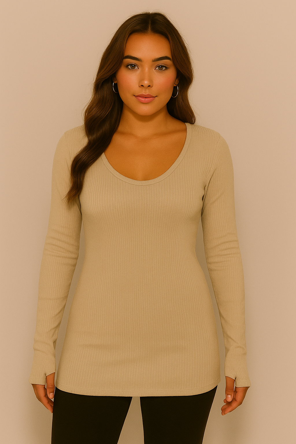 Women's Thumb Hole V Neck Variegated Ribbed Top