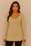 Women's Thumb Hole V Neck Variegated Ribbed Top