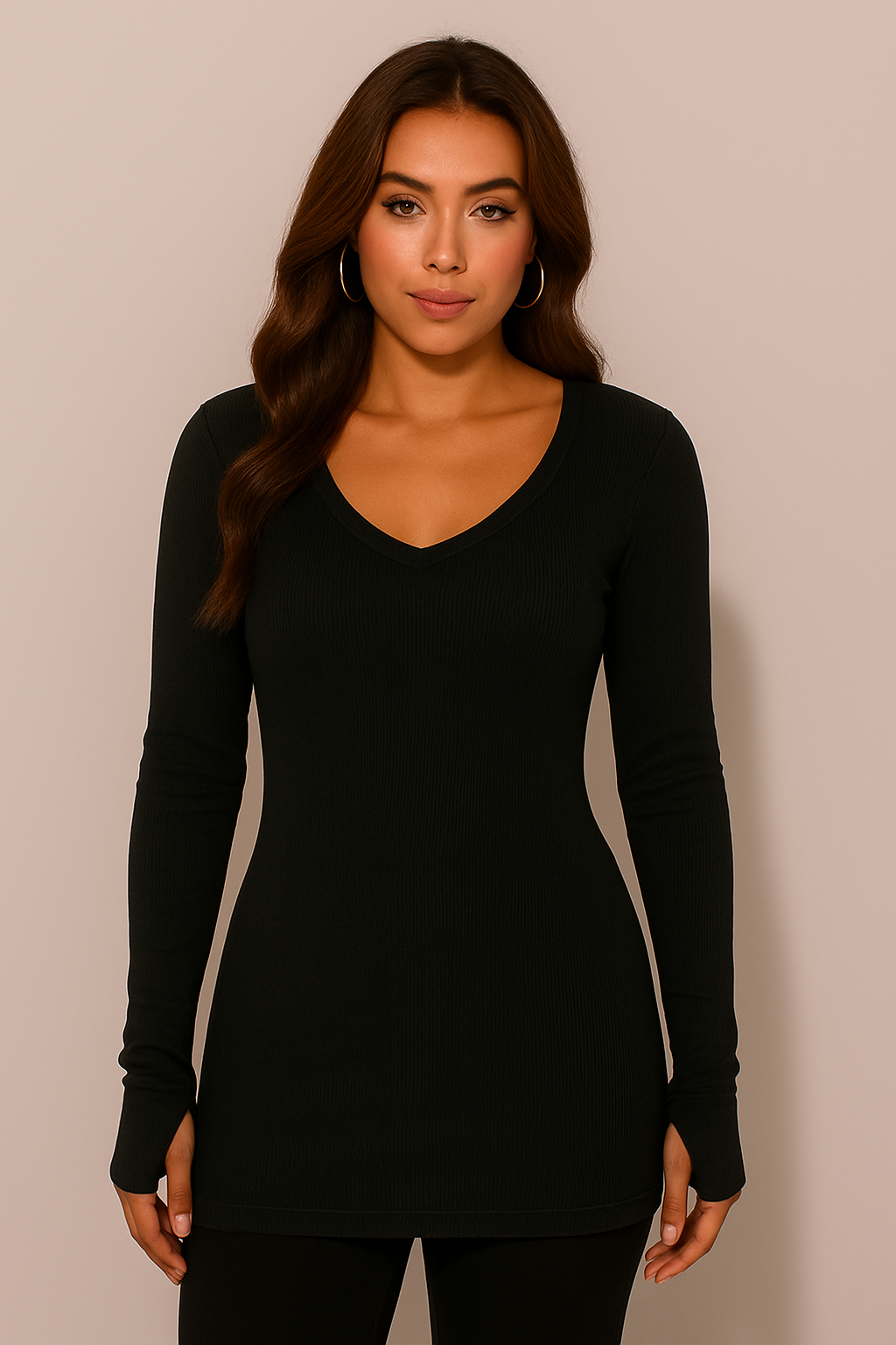 Women's Thumb Hole V Neck Variegated Ribbed Top