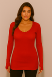Women's Thumb Hole V Neck Variegated Ribbed Top