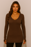 Women's Thumb Hole V Neck Variegated Ribbed Top