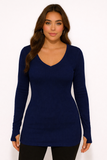 Women's Thumb Hole V Neck Variegated Ribbed Top