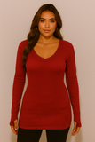 Women's Thumb Hole V Neck Variegated Ribbed Top