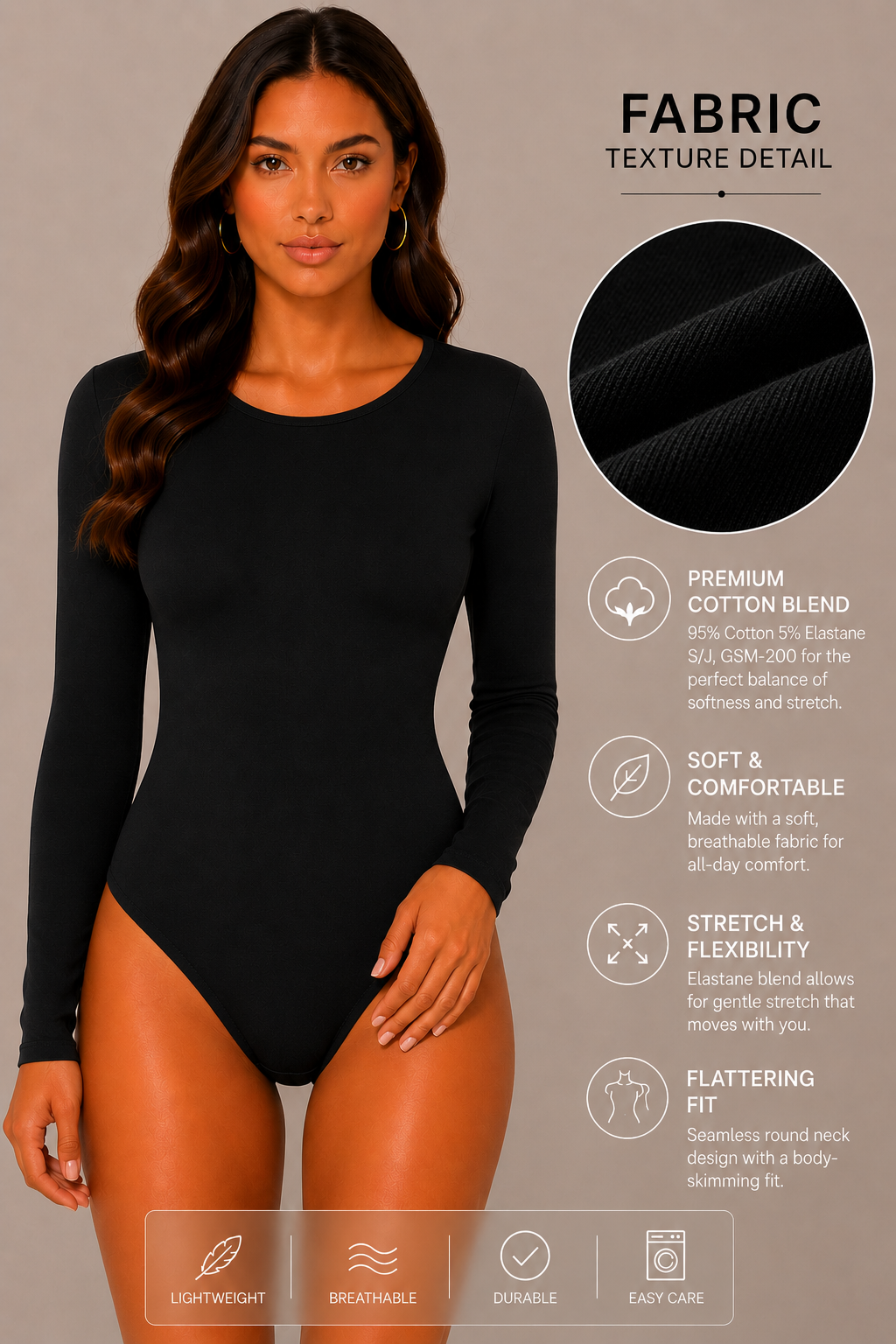 Women's Seemless R-Neck Long Sleeve Bodysuit